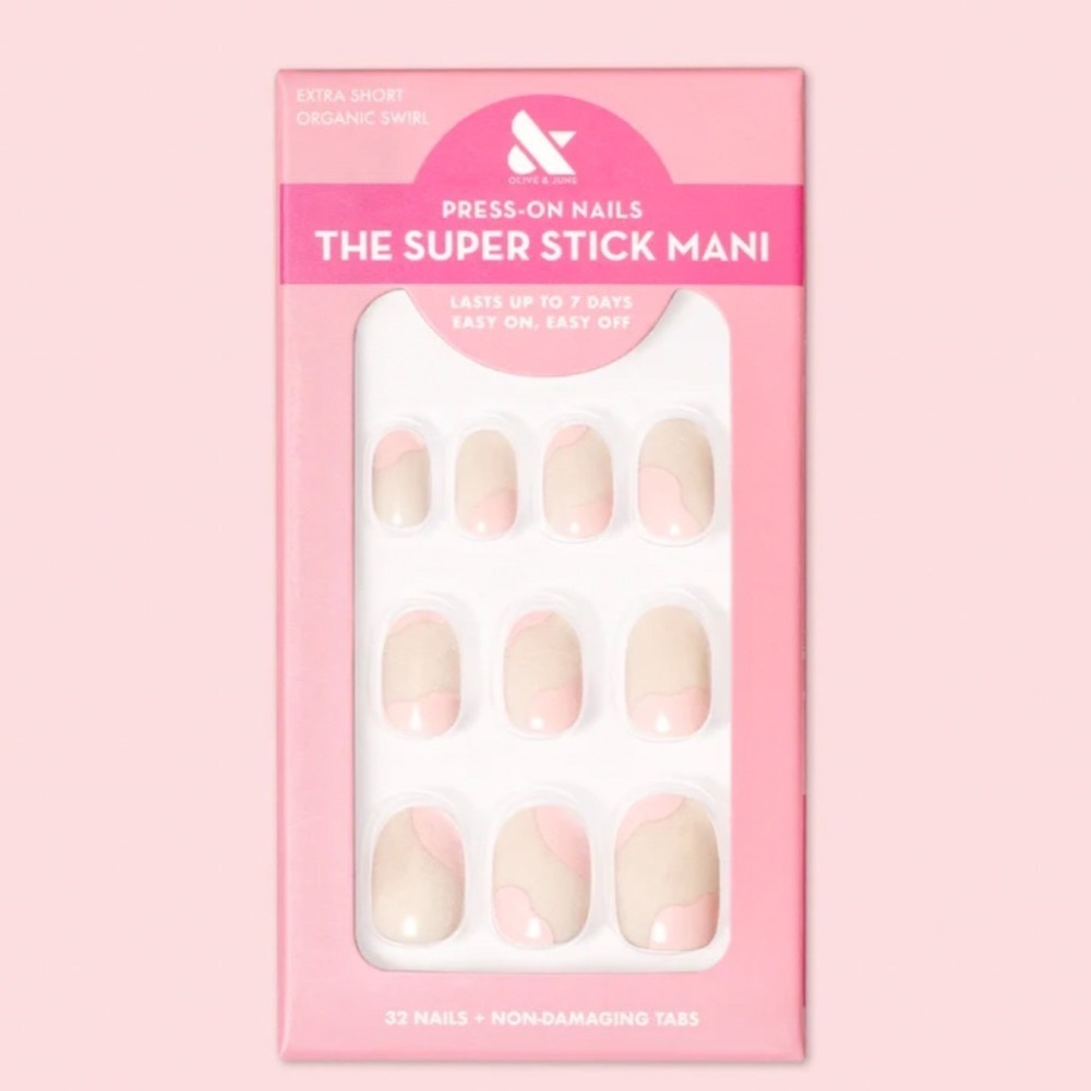 Olive & June Super Stick Mani Press-On Nails Extra Short Organic Swirl Pink 32ct